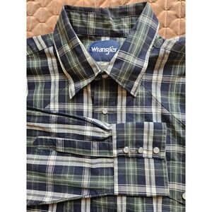 Wrangler Men's LS Blue Green Plaid Western Pearl Snap Buttons Shirt, Size LG